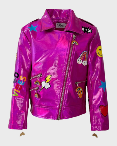Lola + The Boys Kids' Girl's Metallic Moto Jacket W/ Patches In Pink