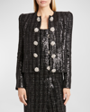BALMAIN COLLARLESS SEQUINED TWEED JACKET WITH JEWEL BUTTONS