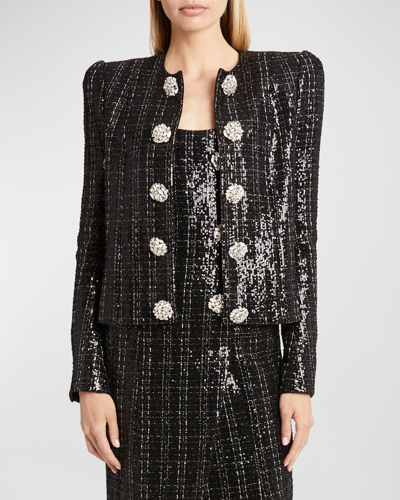 Balmain Collarless Sequined Tweed Jacket With Jewel Buttons In Black