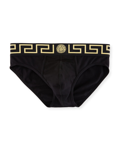 Versace Greek Key Low-rise Briefs In Black Gold