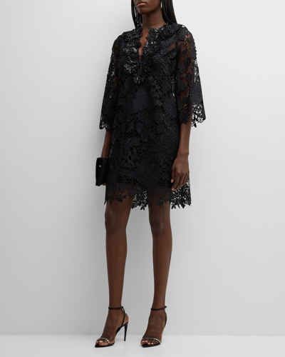 Ungaro Hannah 3/4-sleeve Floral Lace Shift Dress In Black