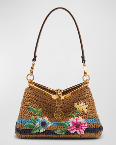 Etro Vela Frame Floral Raffia Shoulder Bag In Cammello Multi