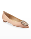 Manolo Blahnik Hangisi Crystal-buckle Satin Flat In Flesh