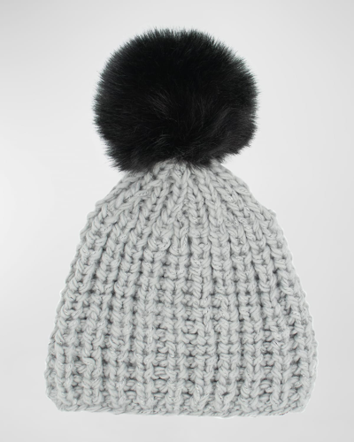 Surell Accessories Chunky Crochet Knit Beanie With Faux Fur Pom In Grey Tweed