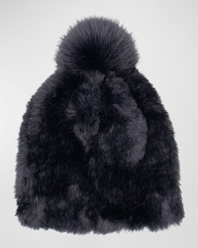 Surell Accessories Faux Rex Rabbit Fur Beanie With Pom In Black Black
