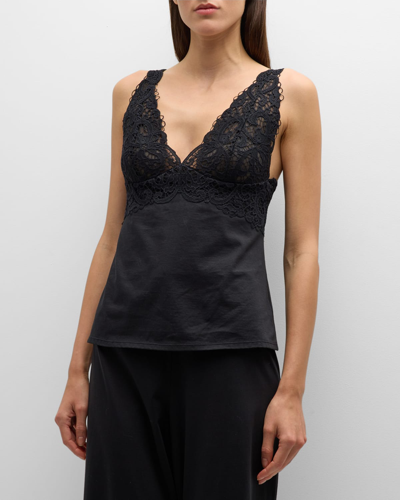 Natori Bliss Harmony Lace-trim Cotton Tank In Black