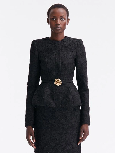 Oscar De La Renta Gardenia Embroidered Tweed Jacket In Black