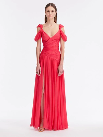 Oscar De La Renta Cold-shoulder Draped Silk-chiffon Gown In Cerise