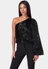 Bebe One Shoulder Multi Color Balloon Sleeve Blouse In Multi Color