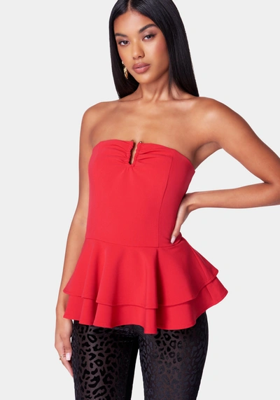 Bebe Strapless U Ring Peplum Top In Salsa