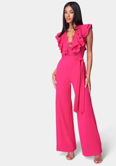 Bebe Lace Trim Knit Crepe Palazzo Jumpsuit In Pink Peacock