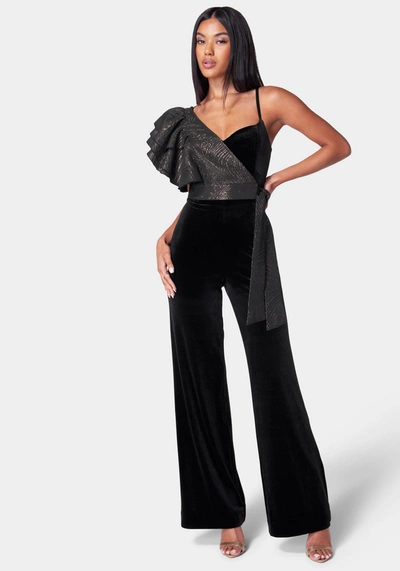 Bebe Removable Ruffle Top Wide Leg Jumpsuit In Black,gold