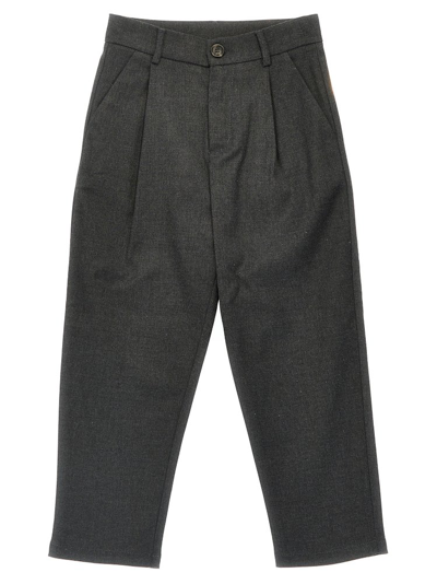 Douuod Kids' Box-pleat Tapered Cotton Trousers In Grey