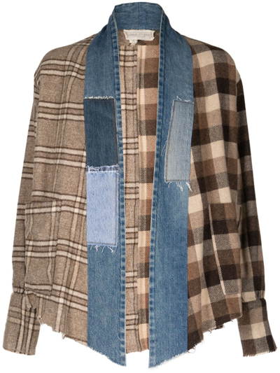 Greg Lauren Patchwork Checked Open-front Jacket In Brown