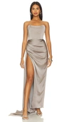 Katie May Bita Strapless Satin Gown In Metallic Silver