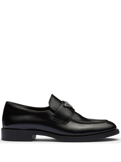 Prada Triangle-logo Patent-leather Loafers In Black