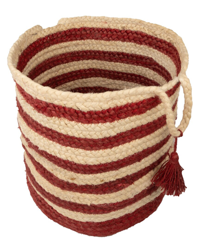 Lr Home Striped Hand-braided Light Jute Red Decorate Storage Basket In White