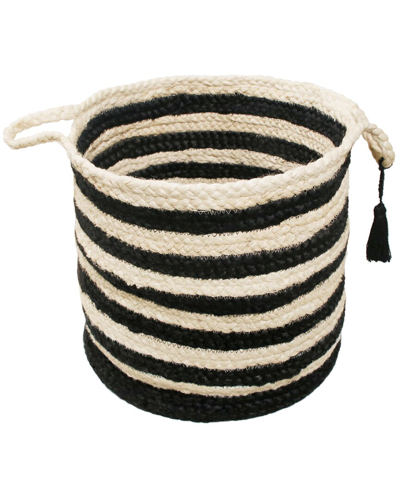 Lr Home Striped Hand-braided Light Jute Black Decorate Storage Basket In White