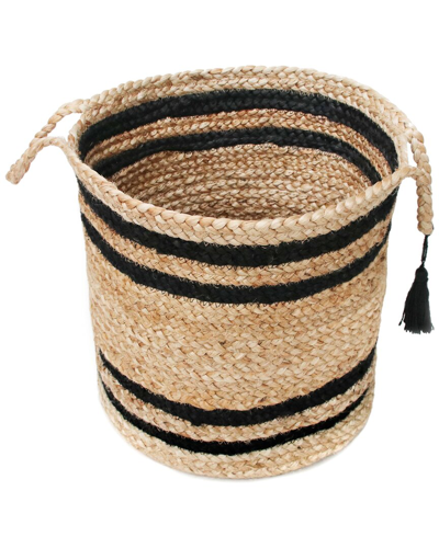 Lr Home Striped Hand-braided Jute Black Decorate Storage Basket In Brown