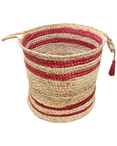 Lr Home Striped Hand-braided Jute Red Decorate Storage Basket In Brown