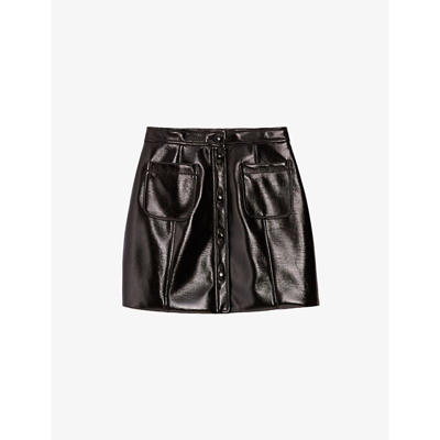 Claudie Pierlot Womens Noir / Gris Patch-pocket High-rise Faux-leather Mini Skirt