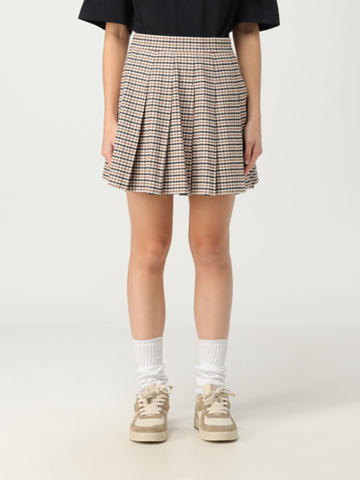 Palm Angels Neutral Checked Pleated Mini Skirt In Brown Bei