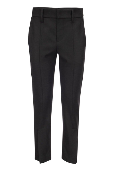 Brunello Cucinelli Slim Cigarette Trousers In Stretch Virgin Wool Cover-up With Ankle Slit In Black