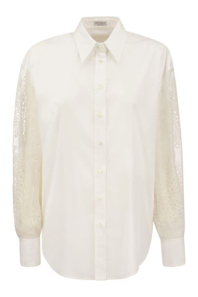 Brunello Cucinelli Stretch Cotton Poplin Shirt With Crispy Silk Broderie Anglaise Sleeve In White