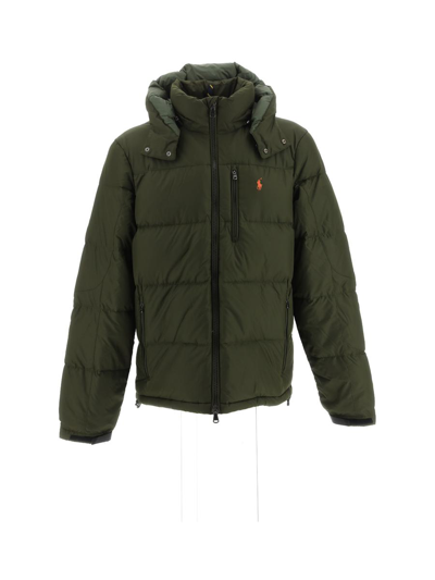 Polo Ralph Lauren Logo Embroidered Hooded Down Jacket In Company Olive