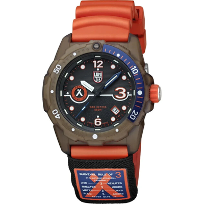 Pre-owned Luminox Men's 42mm Bear Grylls Survival Eco Rule Of 3 Brown Case Orange Watch
