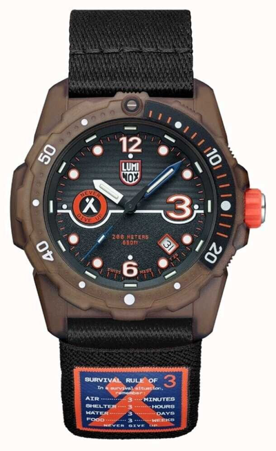 Pre-owned Luminox Men's 42mm Bear Grylls Survival Eco Rule Of 3 Brown Case Black Watch