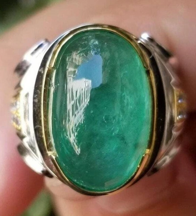 Pre-owned Handmade Natural Vivid Green Emerald Cab Mens Ring Sterling Silver 925 Ring Big Emerald