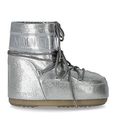 Pre-owned Moon Boot Icon Low Glitter Silver Snow Boot Woman