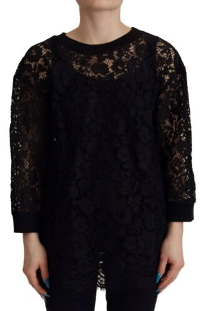 Pre-owned Dolce & Gabbana Dolce&gabbana Women Black Blouse Cotton Blend Floral Lace Long Sleeve Casual Top