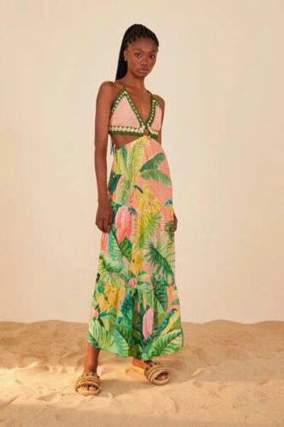 Pre-owned Farm Rio Crochet Tropical Print Maxi Dress Size L In Multicolor