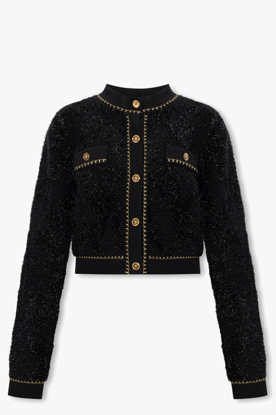 Versace Tweed Series Knit Button-front Sweater In Black