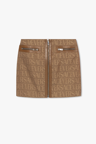 Versace Brown Mini -skirt With All-over Logo Lettering Print In Canvas Woman In New