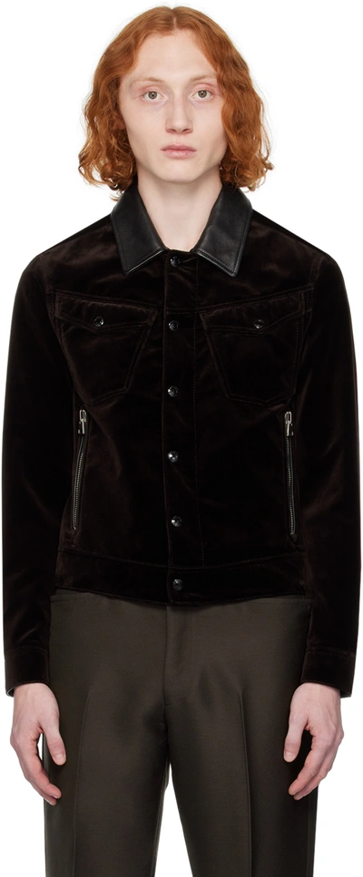 Tom Ford Men's Flocked Denim Western Jacket With Leather Collar In Military_green