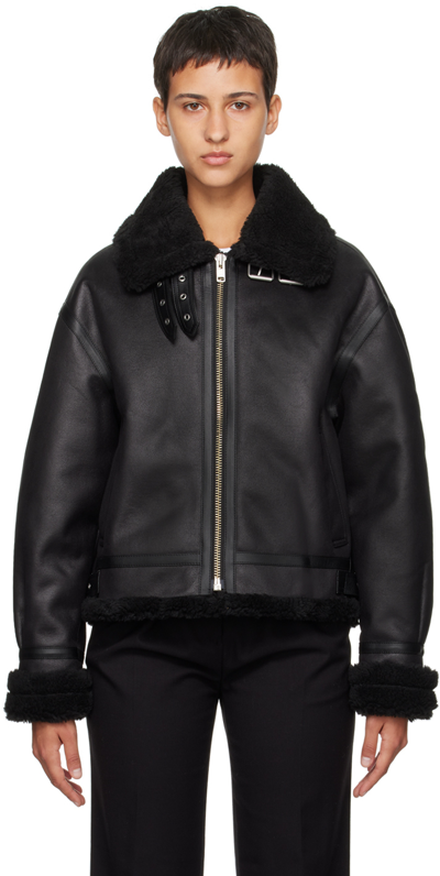 Dunst Zip-up Shearling Biker Jacket In Black