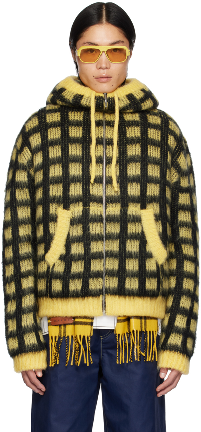 Marni Checked Mohair-blend Cardigan In Yellow,black