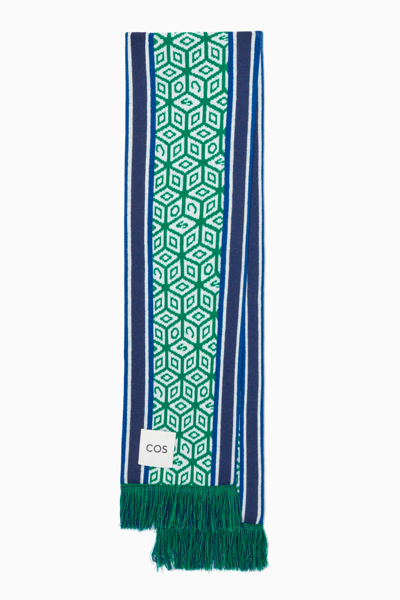 Cos Jacquard-knit Wool Football Scarf In Green