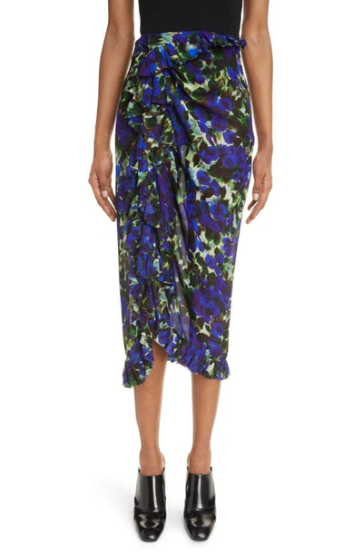 Dries Van Noten Gathered Floral-print Voile Midi Skirt In Indigo
