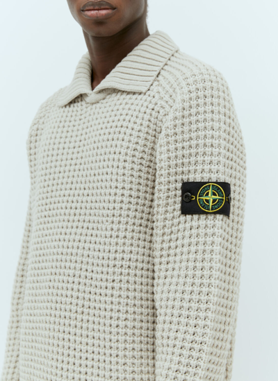 Stone Island Spread Collar Wool Sweater In Cream