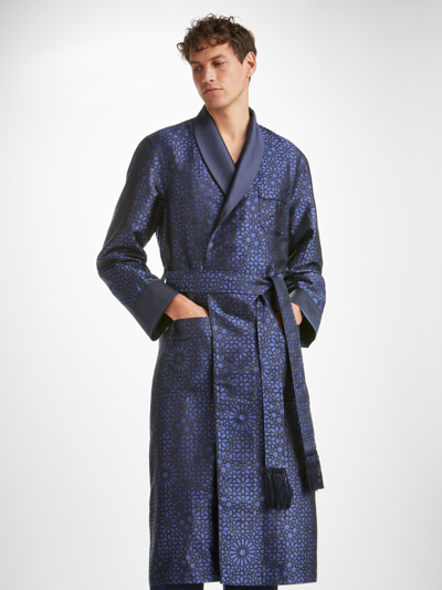 Derek Rose Men's Dressing Gown Verona 66 Silk Satin Navy