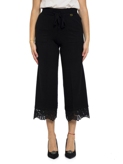 Twinset Lace Trim Drawstring Cropped Trousers In Black