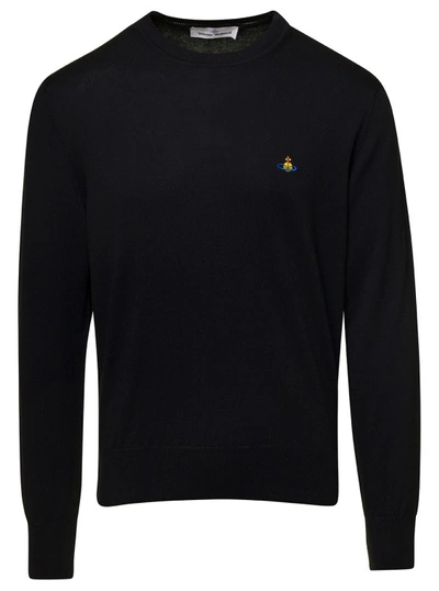VIVIENNE WESTWOOD BLACK CREWNECK SWEATER WITH EMBROIDERED LOGO IN WOOL BLEND