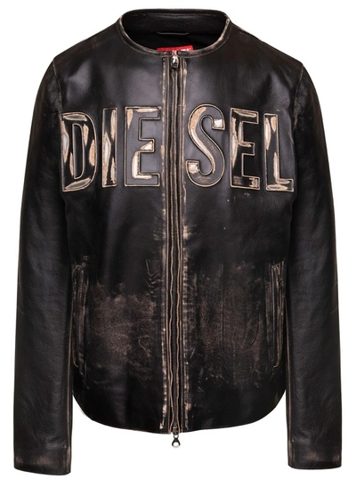 Diesel Logo Leather Jacket In Black