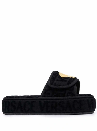 Versace Fabric Slippers In Black