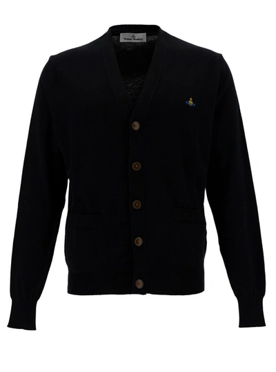VIVIENNE WESTWOOD BLACK V NECK CARDIGAN WITH ORB EMBROIDERY IN COTTON AND CASHMERE