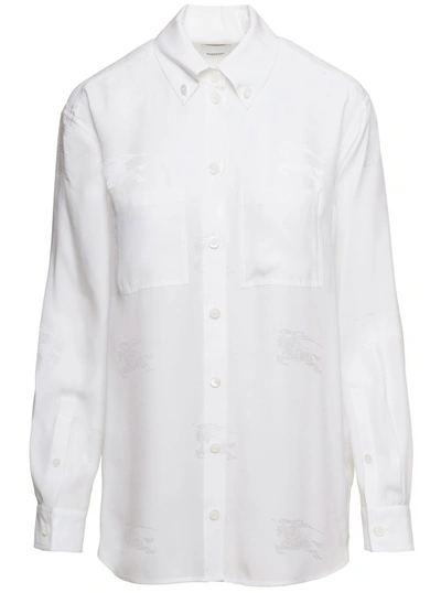 BURBERRY WHITE OVERSIZED SHIRT WITH ALL-OVER EMBROIDERY PRINT IN 'MULBERRY' SILK